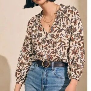Faherty Portia Linen Blend‎ Top Floral Peasant V Neck Sz S Blouse